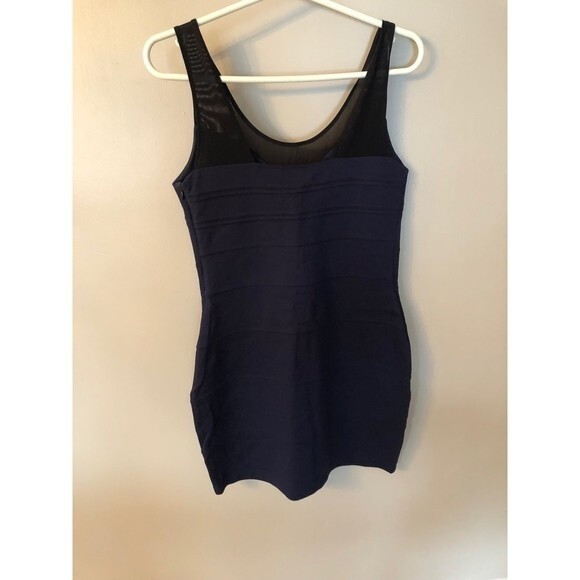 EXPRESS SIZE MEDIUM NAVY BLUE BANDAGE DRESS MESH NECKLINE - Picture 2 of 7